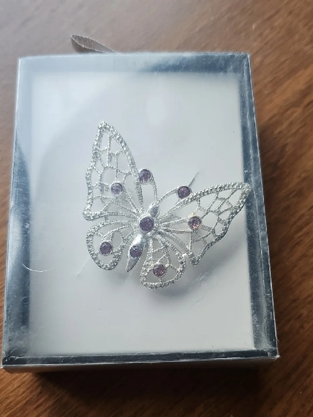 NIB Vintage Silver Butterfly Brooch with Purple Gem Accents